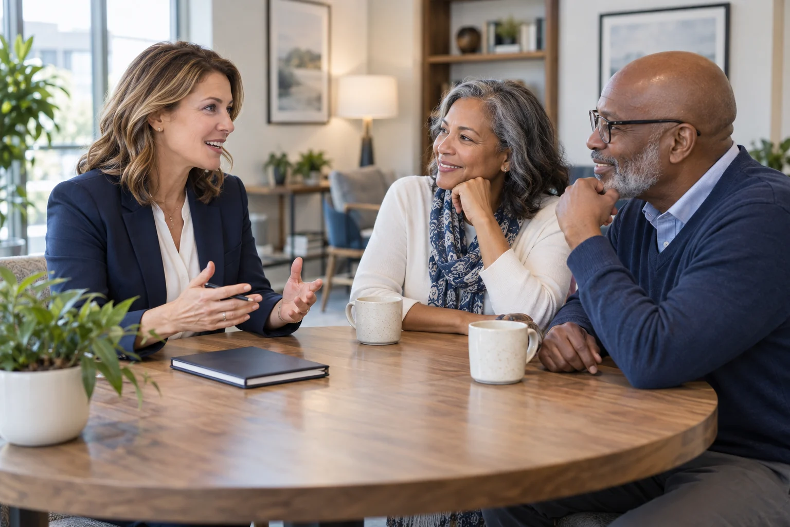 A couple meeting with an advisor over coffee